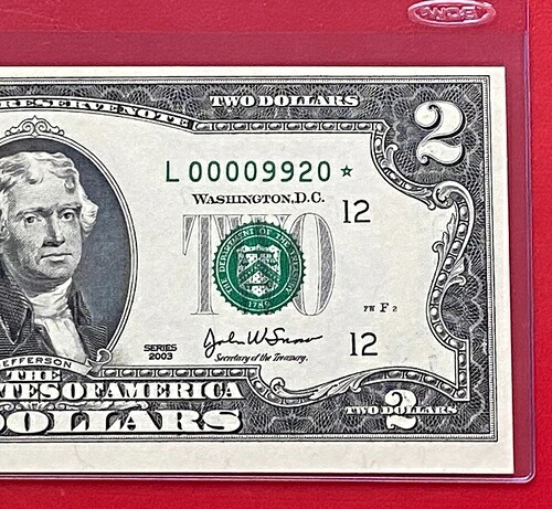 2003年 $2 スターノート - サンフランシスコ L (希少 16k 鋳造) 低シリアル番号、UNC