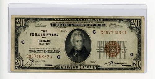 1929年 $20 連邦連邦準備銀行 イリノイ州ブラウンシール XF-