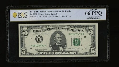 DBR 1969 $5 FRN セントルイス ジェム神父1969-H PCGS-B 66 PPQ シリアル H25927471A 37,895円