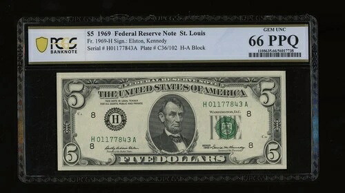 DBR 1969 $5 FRN セントルイス ジェム神父1969-H PCGS-B 66 PPQ シリアル H01177843A