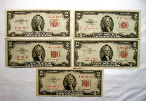 1953年5ロット - $2 2ドル紙幣米紙幣レッドシール-流通-
