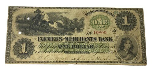 1862年 1ドル ファーマーズ＆マーチャンツ銀行 グリーンズボロ MD 廃止通貨 #