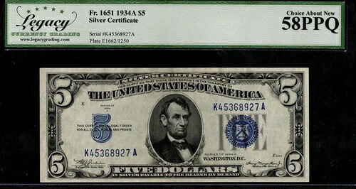 1934年A金貨5ドル ブルーシール LCGS Ch Abt 新品 58PPQ 1651年K-A銀貨5ドル