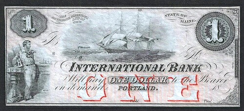 1ドル 1850年代の国際銀行 ~ ポートランド、メイン州 ~ 美しいビネット ~ 鮮明なUNC