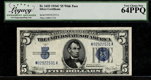 1934-C シルバー証明書 1653年製 ワイドフェイス N-A ブロック FP: 1710 LCGS Vy Ch 新品 64PPQ