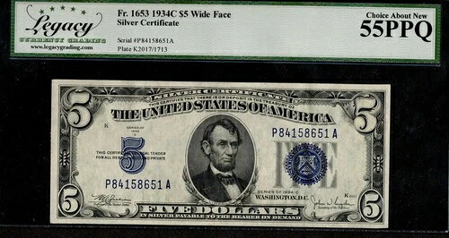 1934-C シルバー証明書 $5、Fr. 1653 ワイドフェイス P-A FP: 2017 LCGS Ch Abt New 55PPQ