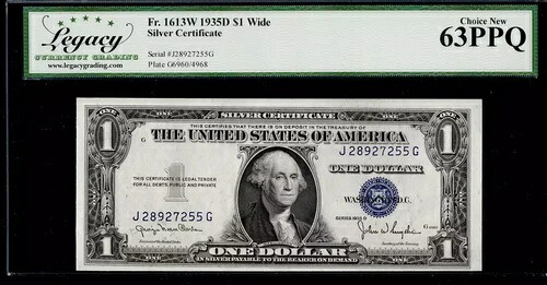 1ドル 1935-D シルバー証明書 Fr. 1613W J-G ブロックワイド BP# 4968 LCGS Ch 新品 63PPQ
