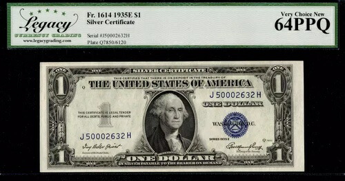 1ドル 1935-E シルバー証明書 Fr. 1614 プリースト・ハンフリー J-H ブロック LCGS Vy Ch 新品 64PPQ