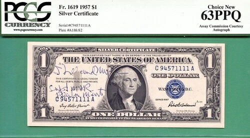 分析委員会サイン入り-J・リーランド・ネイパー? - 1957年 $1 SC-PCGS CU 63 PPQ-