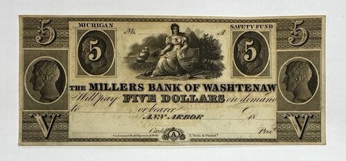 1800年代の5ドル紙幣、ワシントン・ミラー銀行、ミシガン州アナーバー、廃れた通貨