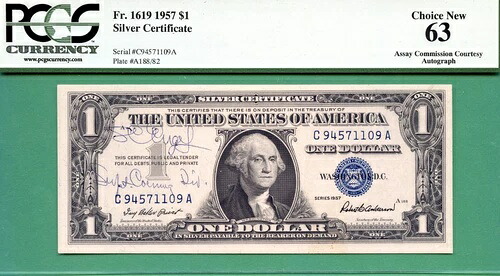 鑑定委員会直筆サイン入り - S C ENGEL? - 1957 $1 SC - PCGS CU 63 PPQ