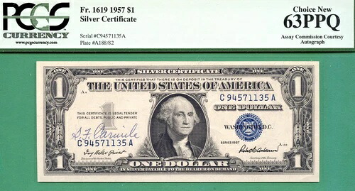 鑑定委員会直筆サイン入り - S F カルークル？ - 1957年 $1 SC - PCGS CU 63 PPQ