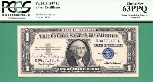 鑑定委員会直筆サイン入り - パール・メイ・ウィリアムズ - 1957年 $1 SC - PCGS CU 63 PPQ