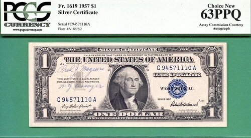 鑑定委員会直筆サイン入り - ポール・J・マグワイア - 1957年 $1 SC - PCGS CU 63 PPQ