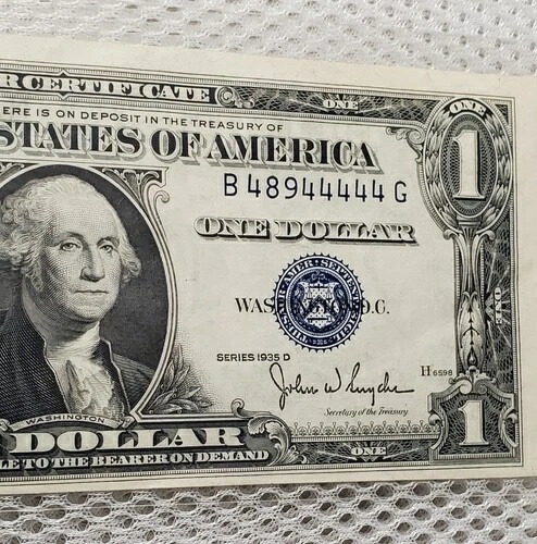1935年 D $1 銀貨証明書 ファンシーシリアルナンバー 近似ソリッド6種 48944444