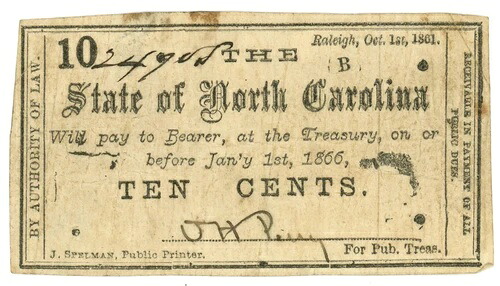 1861年ノースカロライナ州、ローリーNC 10セント廃止紙幣 CR.CT-57 (63260)