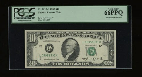 DBR 1985 $10 FRN サンフランシスコ ジェム Fr. 2027-L PCGS 66 PPQ シリアル L05956531C