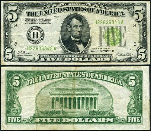 FR. 1952 H $5 1928-B 連邦準備銀行券 VF - ピンホール