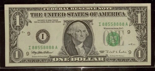 バイナリ特別シリアル番号 | I88558888A、1995 $1 FRN UNC