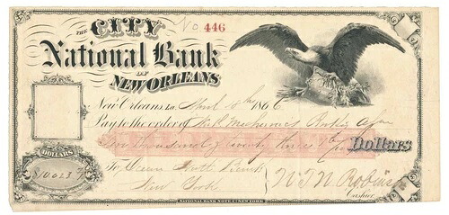 1866年、ニューオーリンズ、シティ国立銀行、国立銀行券草案、Co Eagleのビネット