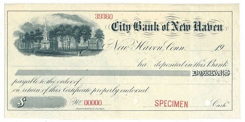 1900年ニューヘイブンCT標本預金証書ABNCo、クリスプ