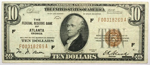 1929年 $10 Frb アトランタ GA 国定通貨 極細 VF-