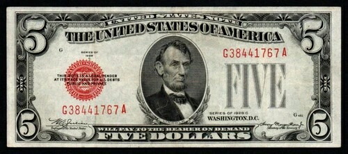 1928年C $5 美しいクリスプ「XF+」米国紙幣!-