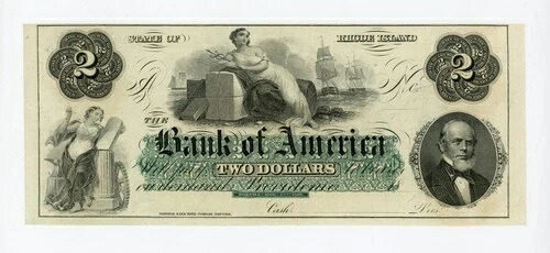 1800年代 $2バンクオブアメリカ-プロビデンス、ロードアイランド紙幣 AU +-