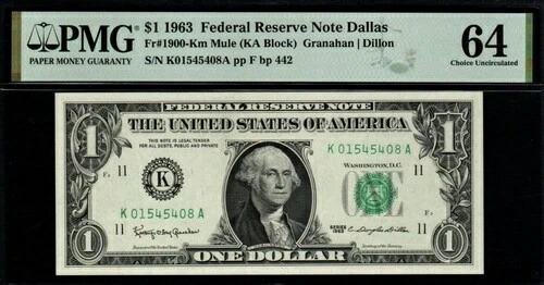 1963 年 $1 Better DALLAS 地区認定 PMG Choice UNC 64 連邦準備銀行券!