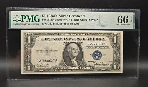 1935年 D $1 銀券 (G-F ブロック) Fr #1613N ナロー PMG 66 EPQ