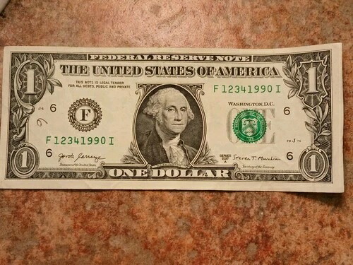ファンシーシリアル番号 $1紙幣。 12341990-