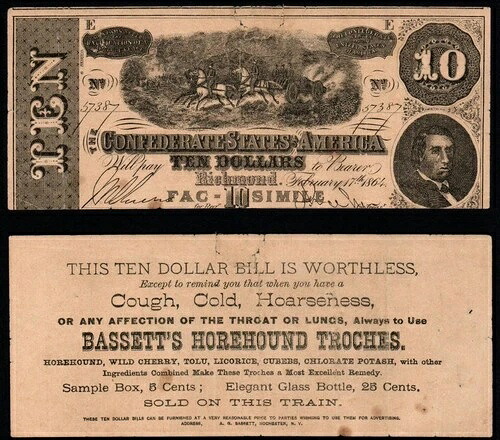 1864 $10 A.G. Bassett、ニューヨーク州ロチェスター、南部連合国広告注記! 38,610円