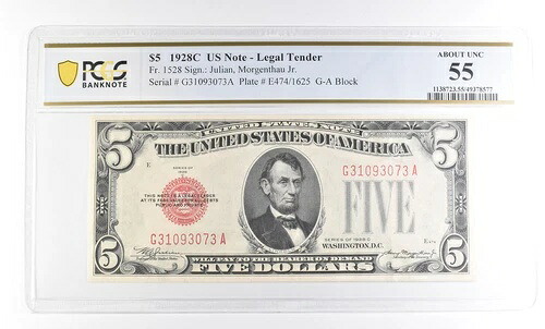 1928 C $5 米国法定通貨 Fr#1528 約Unc 55 PCGS *2363 38,610円
