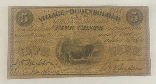 1862年 5セント オグデンスバーグ銀行 オグデンスバーグ、ニューヨーク 旧紙幣