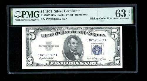 DBR $5 1953 シルバー Fr. 1655 CA ブロック PMG 63 EPQ 以降 C02528267A-