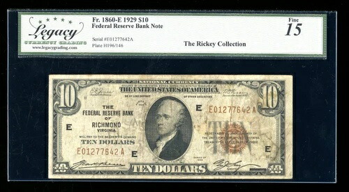 DBR 1929年 $10 FRBNリッチモンドFr。 1860-E Legacy 15以降 E01277642A-