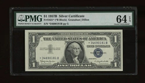 DBR $1 1957-B シルバー STAR Fr. 1621* PMG 64 EPQ シリアル *34690181B