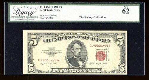 DBR 1953-B $5 リーガル Fr. 1534 CA ブロック レガシー 62 シリアル C29560295A
