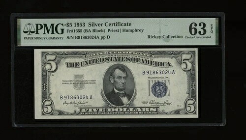 DBR $5 1953 シルバー Fr. 1655 BA ブロック PMG 63 EPQ シリアル B91863024A