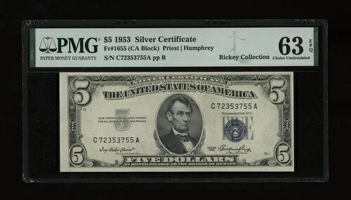 DBR $5 1953 シルバー Fr. 1655 CA ブロック PMG 63 EPQ シリアル C72353755A