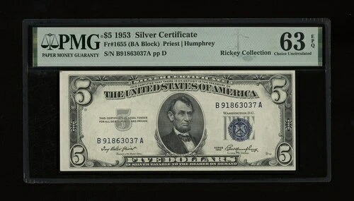 DBR $5 1953 シルバー Fr. 1655 BA ブロック PMG 63 EPQ シリアル B91863037A