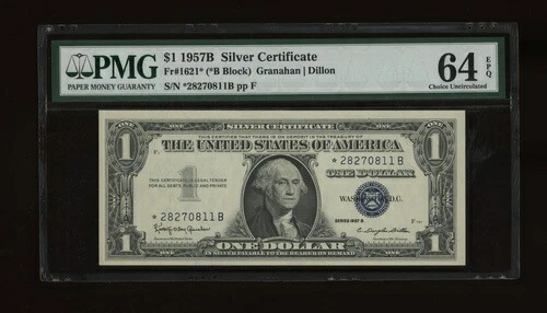 DBR $1 1957-B シルバー STAR Fr. 1621* PMG 64 EPQ シリアル *28270811B
