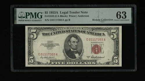DBR 1953-A $5 リーガル Fr. 1533 CA ブロック PMG 63 シリアル C01117355A