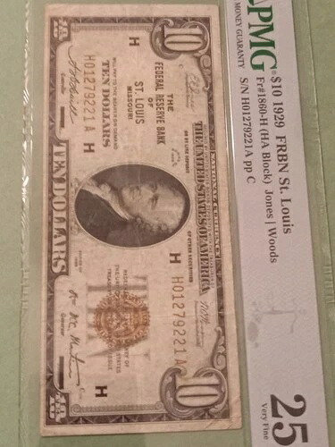 1929年 $10 FRBN セントルイス PMG 25- 38,610円