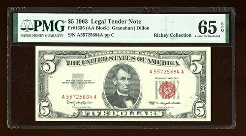 DBR 1963 $5 リーガル ジェム Fr. 1536 PMG 65 EPQ シリアル A55725684A