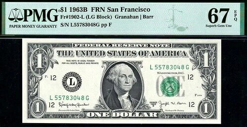 1963b 1902-L サンフランシスコ BARR 連邦準備銀行券 $1 ? PMG 67 EPQ ? LG ブロック 38,610円