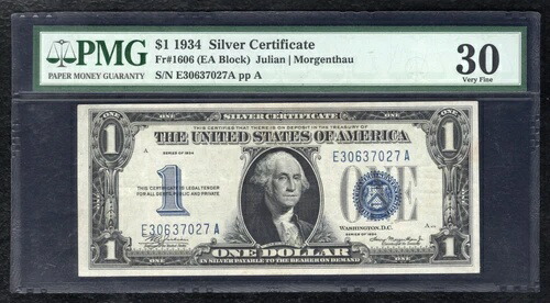 FR. 1606 1934 $1「ファニーバック」銀貨証明書紙幣 PMG 非常に良好-30