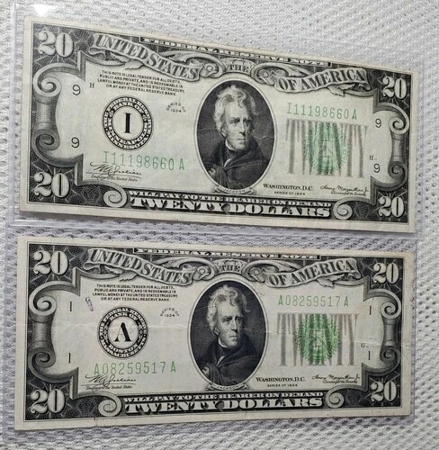 1934年 $20 連邦準備銀行紙幣 グリーンシール プレーンシリーズ 流通済み 2個セット-