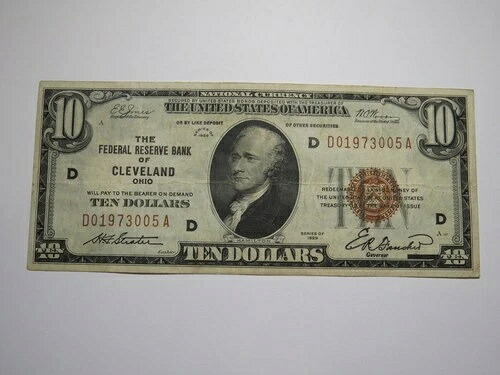 1929年 $10 クリーブランド オハイオ OH 国家通貨連邦準備銀行紙幣ビル VF!-