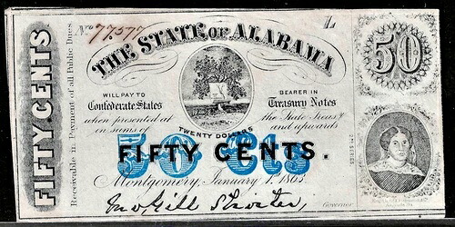 1863年 アメリカ連合国アラバマ州 50セント紙幣 鮮明 UNCレーダー #77577